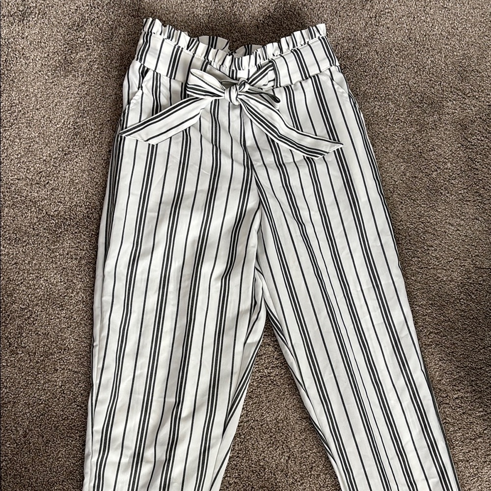 Ardene Black and White Striped Trousers with Bow Tie Waist